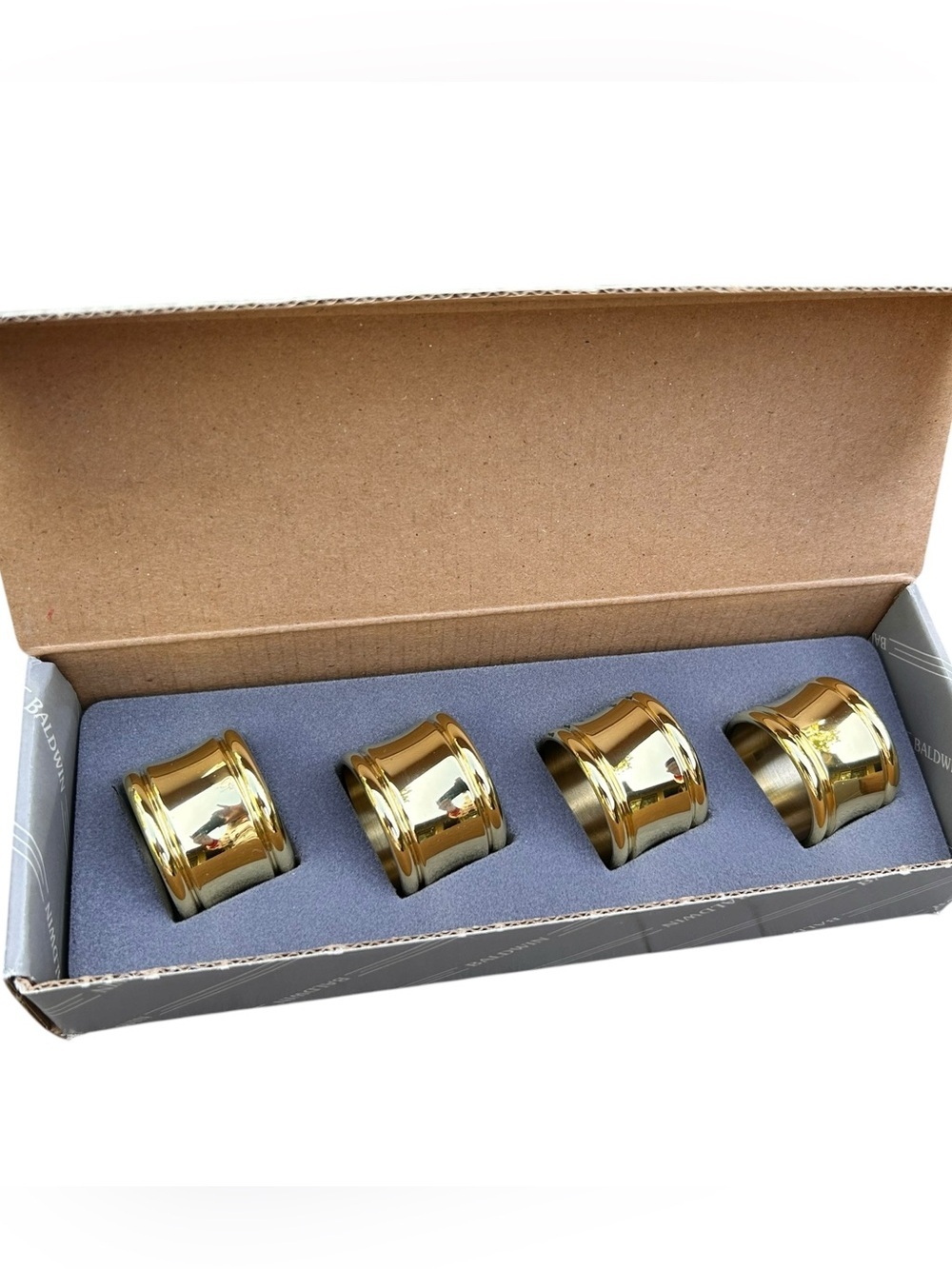 NIB Vintage Baldwin Dover Brass Napkin Rings 4 Elegant Dinner Party Classic